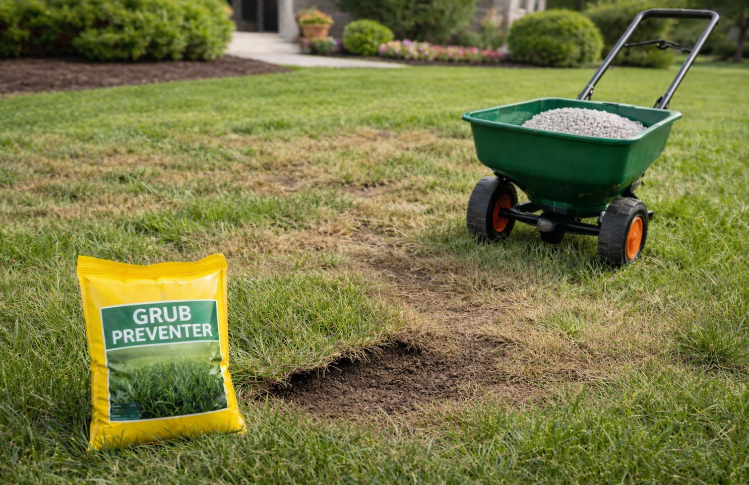 A bag of grub preventer sits next to a patch of damaged grass and a lawn spreader in a residential yard.