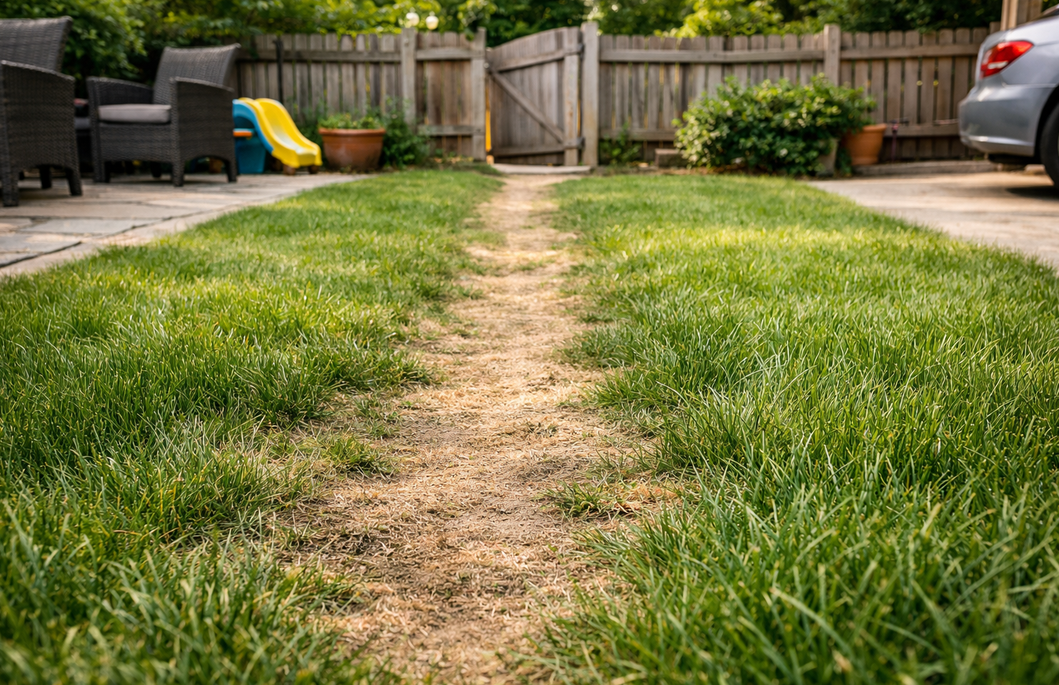A worn dirt path cuts through the center of a green lawn in a backyard with a wooden fence and patio furniture.