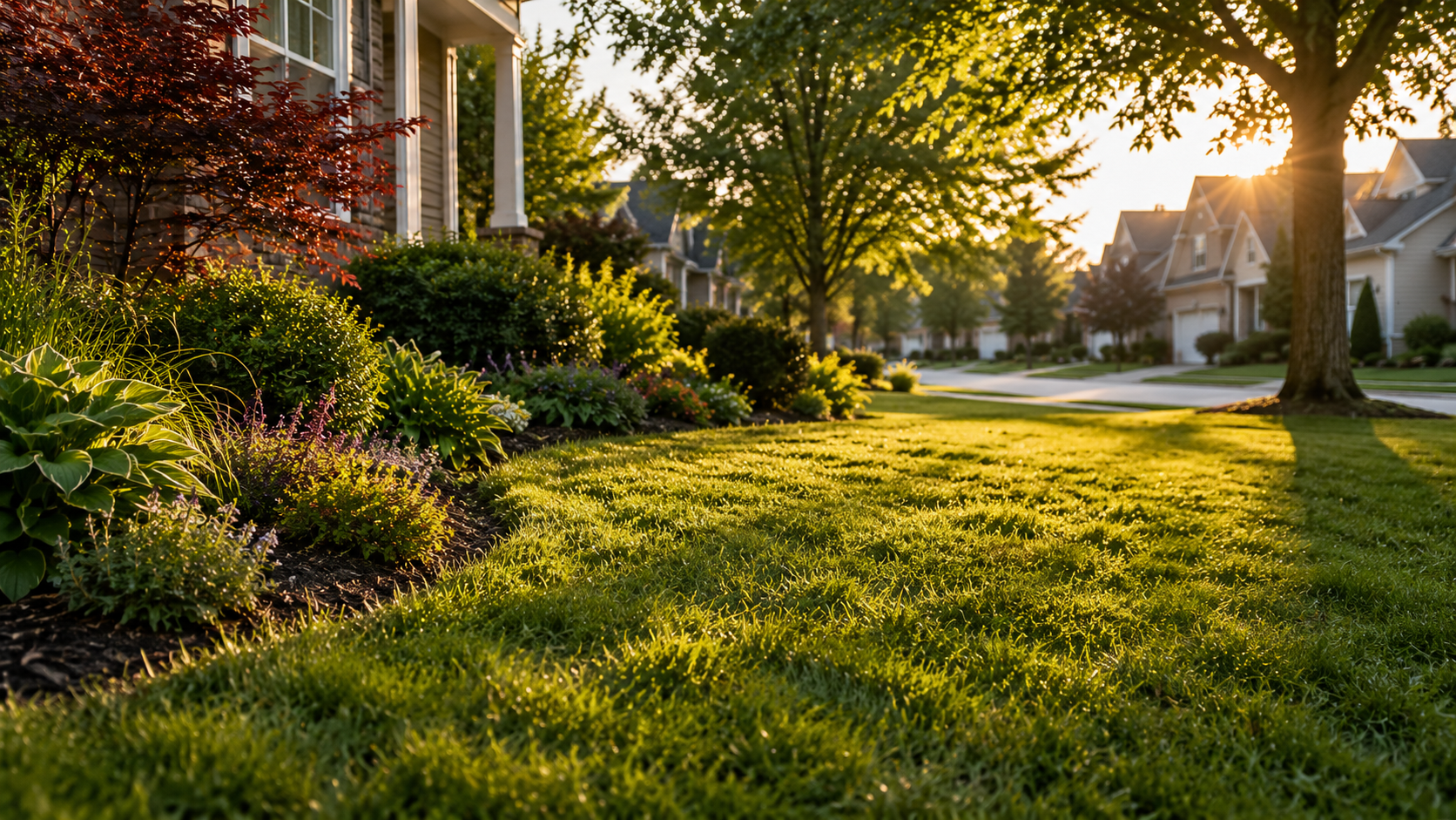 Sunlit suburban street with green lawns, trees, and houses at golden hour