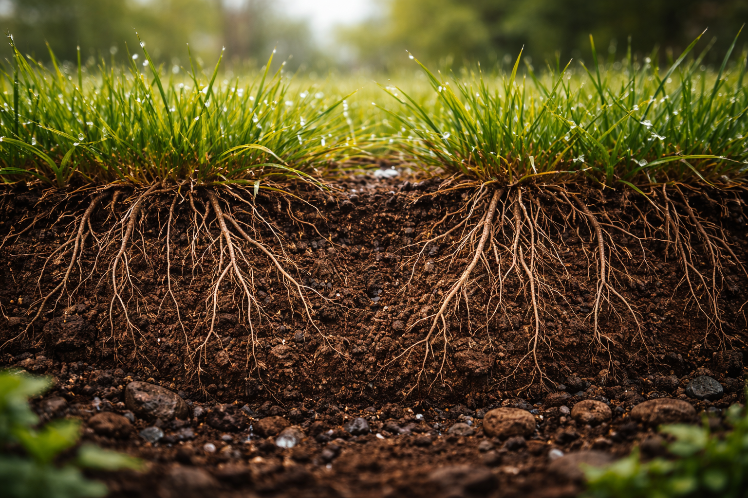Cross-section of soil showing grass roots anchoring into the earth; brown soil, green grass, sunlight.
