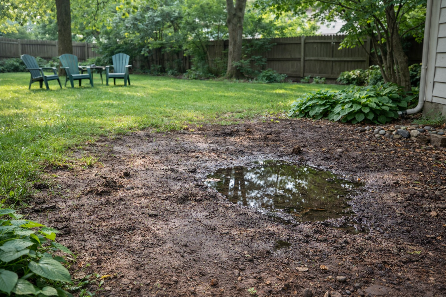 A muddy patch of ground with a puddle in a backyard, featuring a green lawn and chairs in the background.