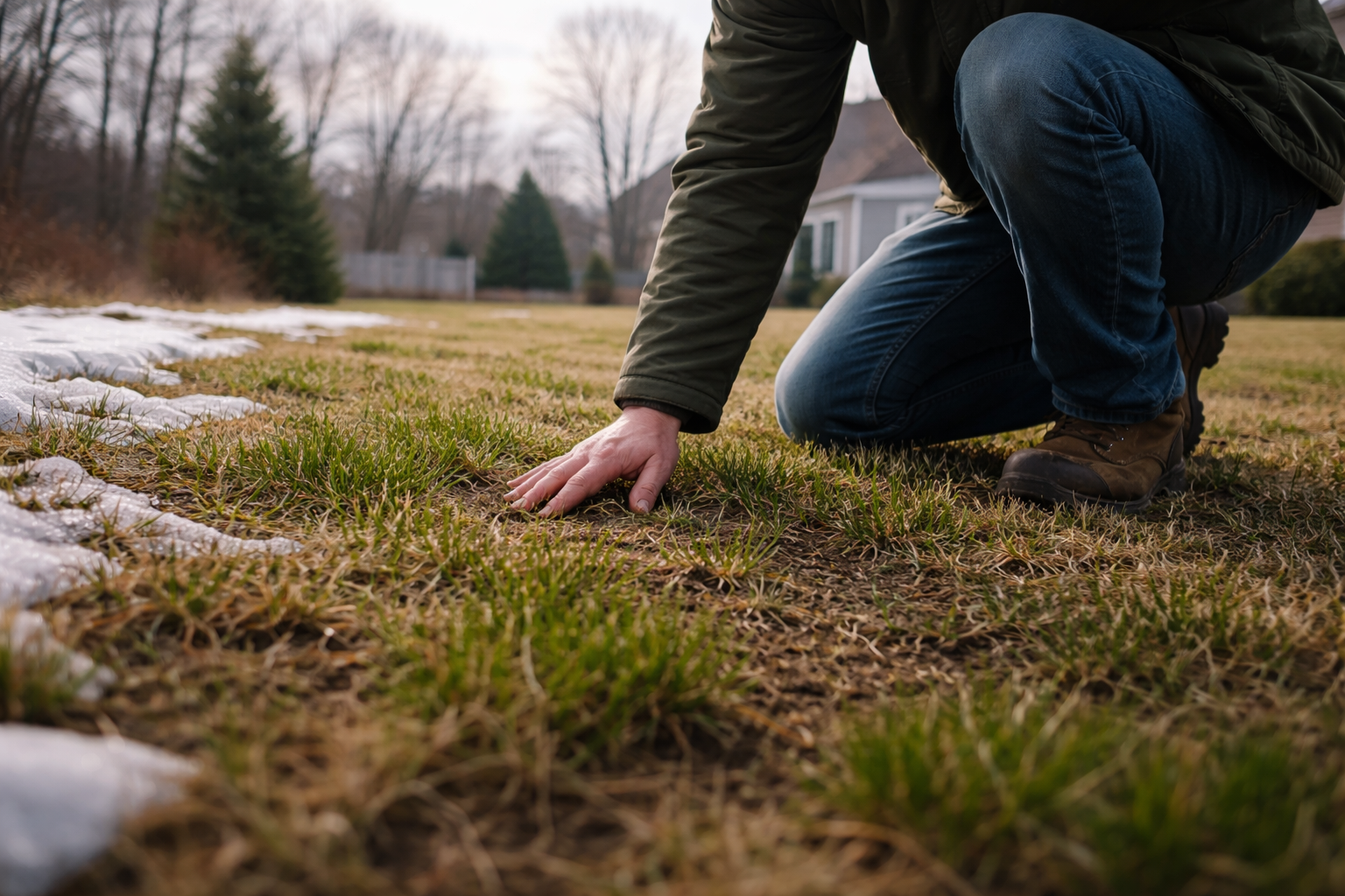 Person kneeling, hand touching grass, snow patch on the left, house and trees in the background.