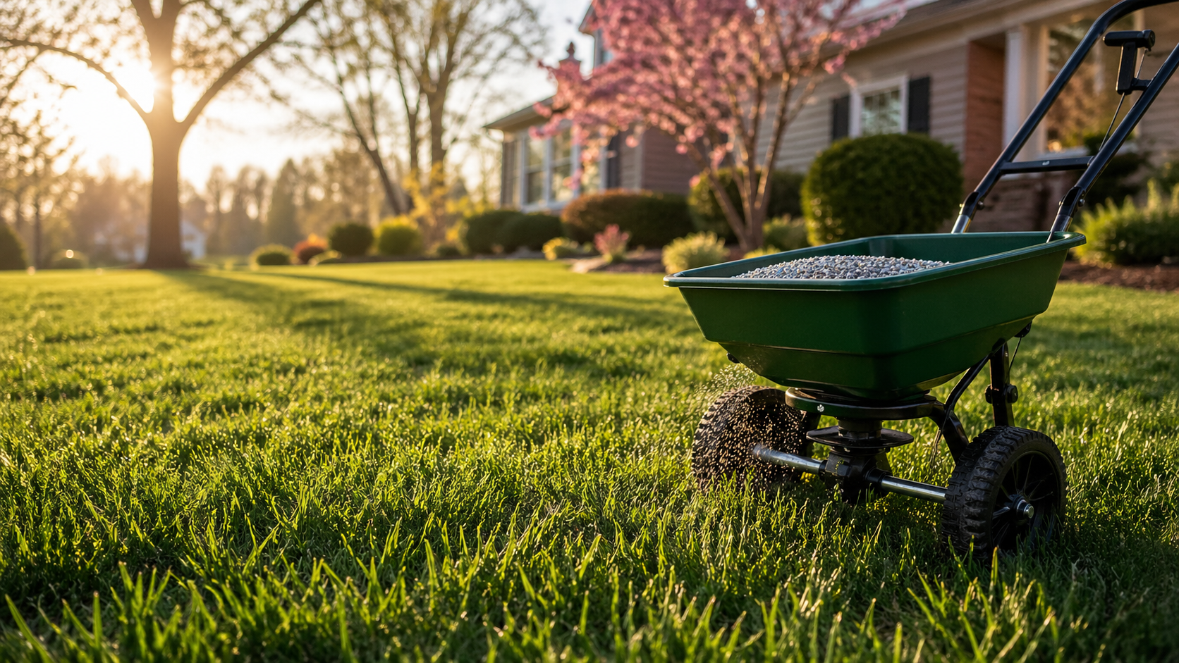 Green lawn spreader on a sunlit suburban lawn near a house and flowering tree