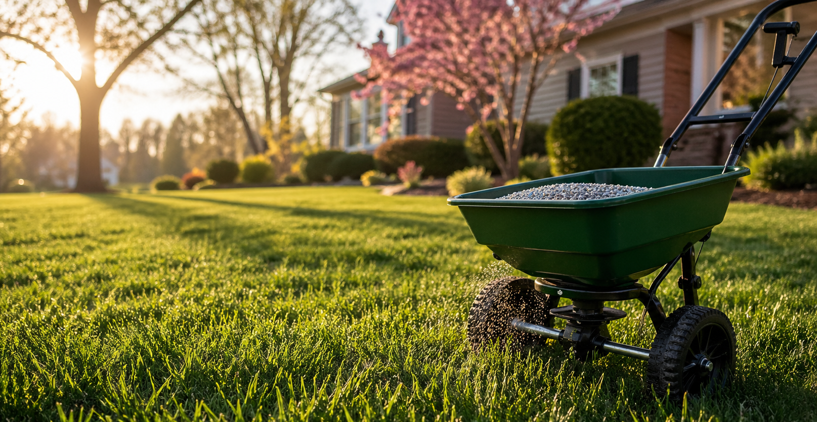 Green lawn spreader on a sunny suburban lawn near a house and flowering trees
