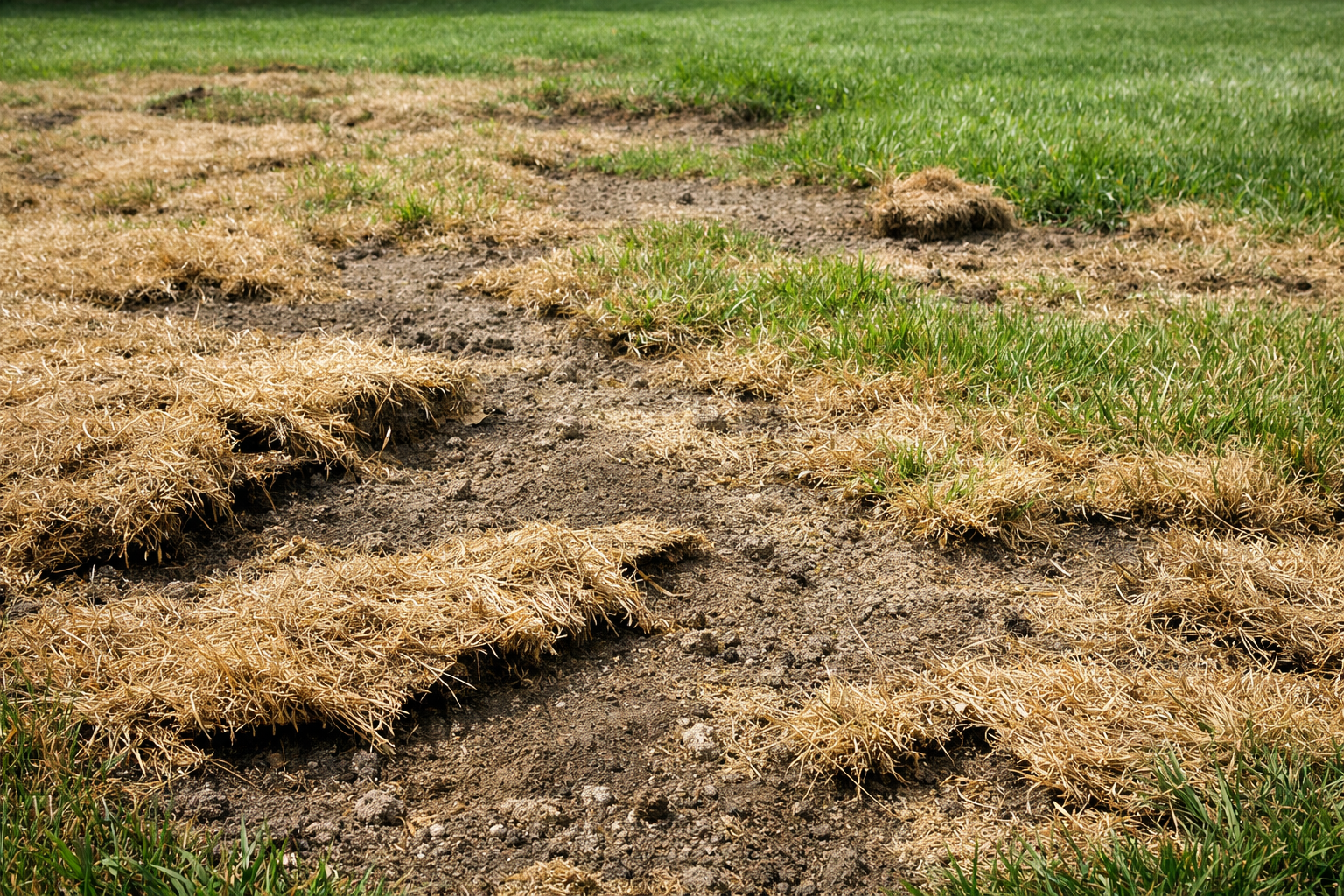 A patch of dead, dry, brown grass in a lawn, transitioning into a area of healthy green grass.
