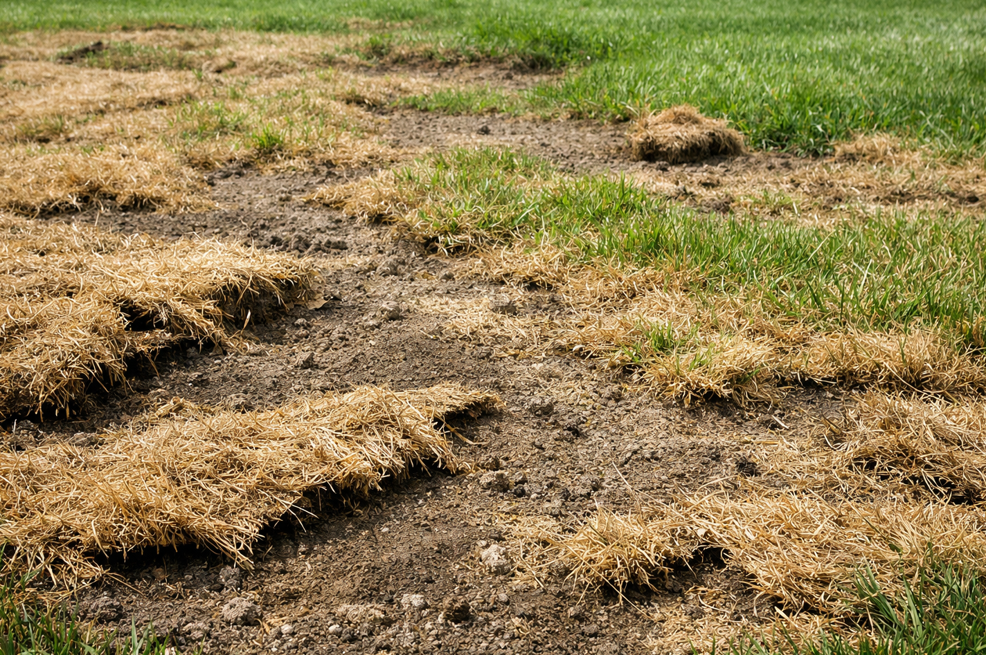 A patch of dead, brown grass and exposed dirt in a lawn, transitioning into healthy green grass at the edges.