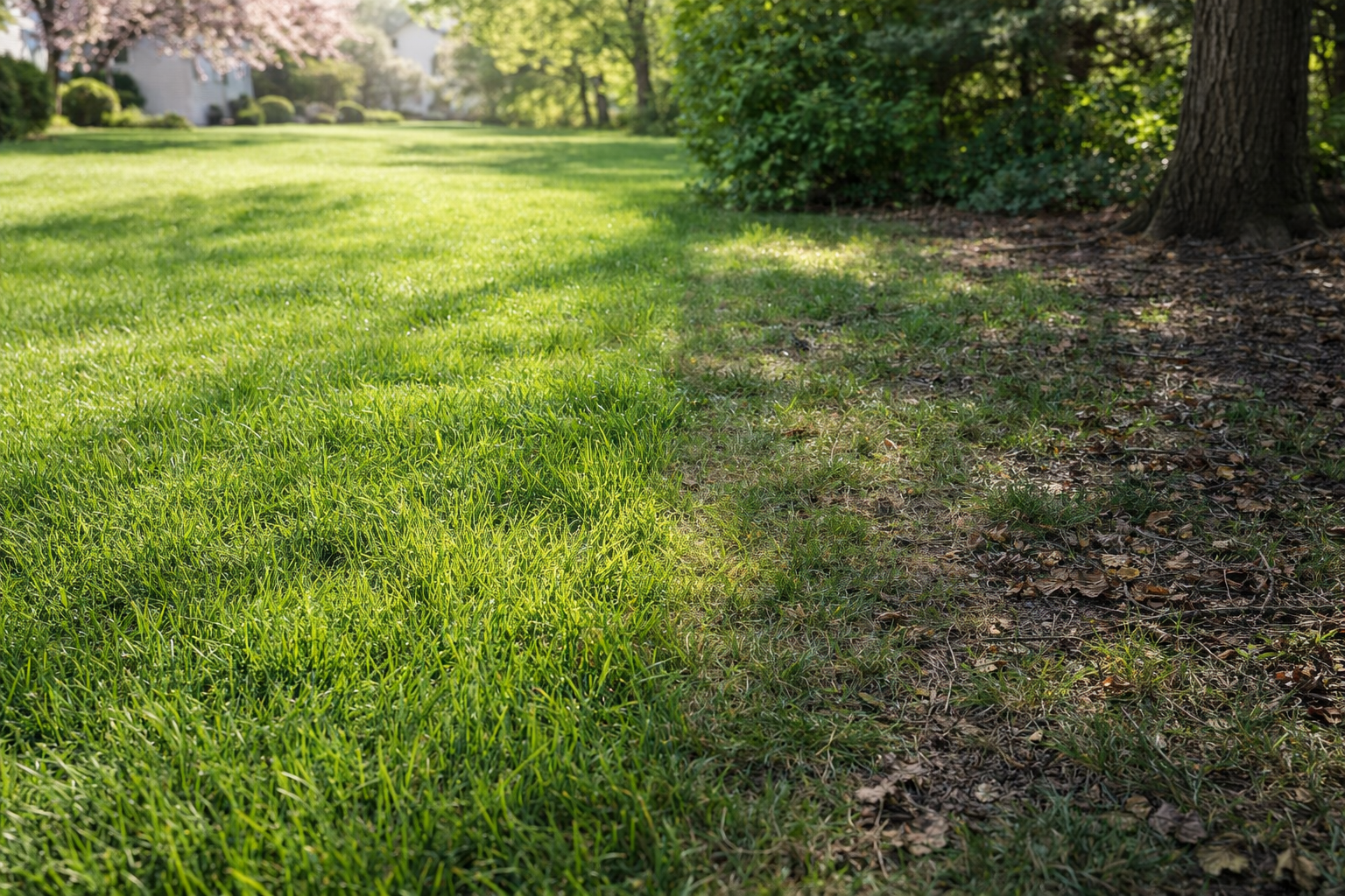 A sunny residential lawn showing a sharp contrast between healthy, vibrant green grass and a shaded, leaf-covered area.
