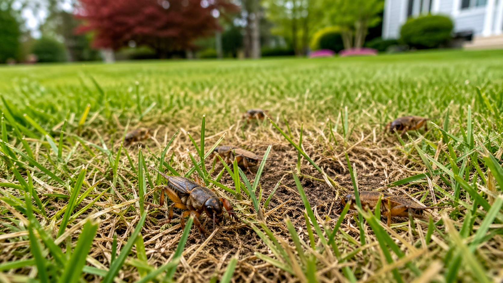 Close-up of green grass with dry brown leaves in a suburban yard, with houses blurred in the background
