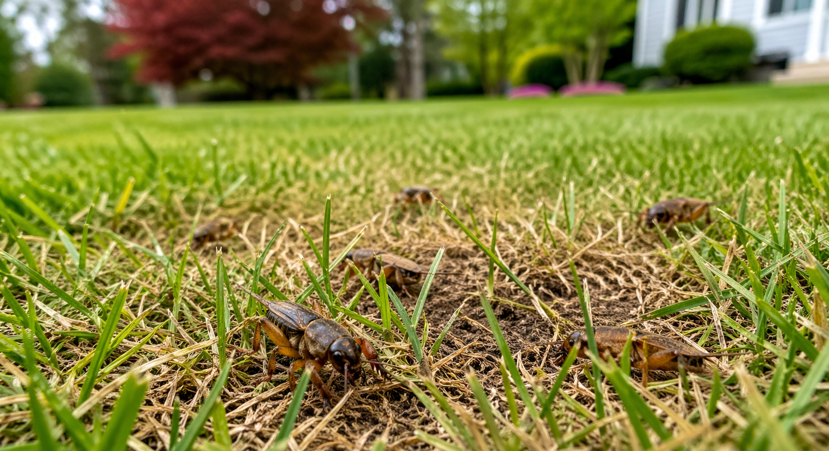 Close-up of dry grass in a suburban lawn with houses blurred in the background
