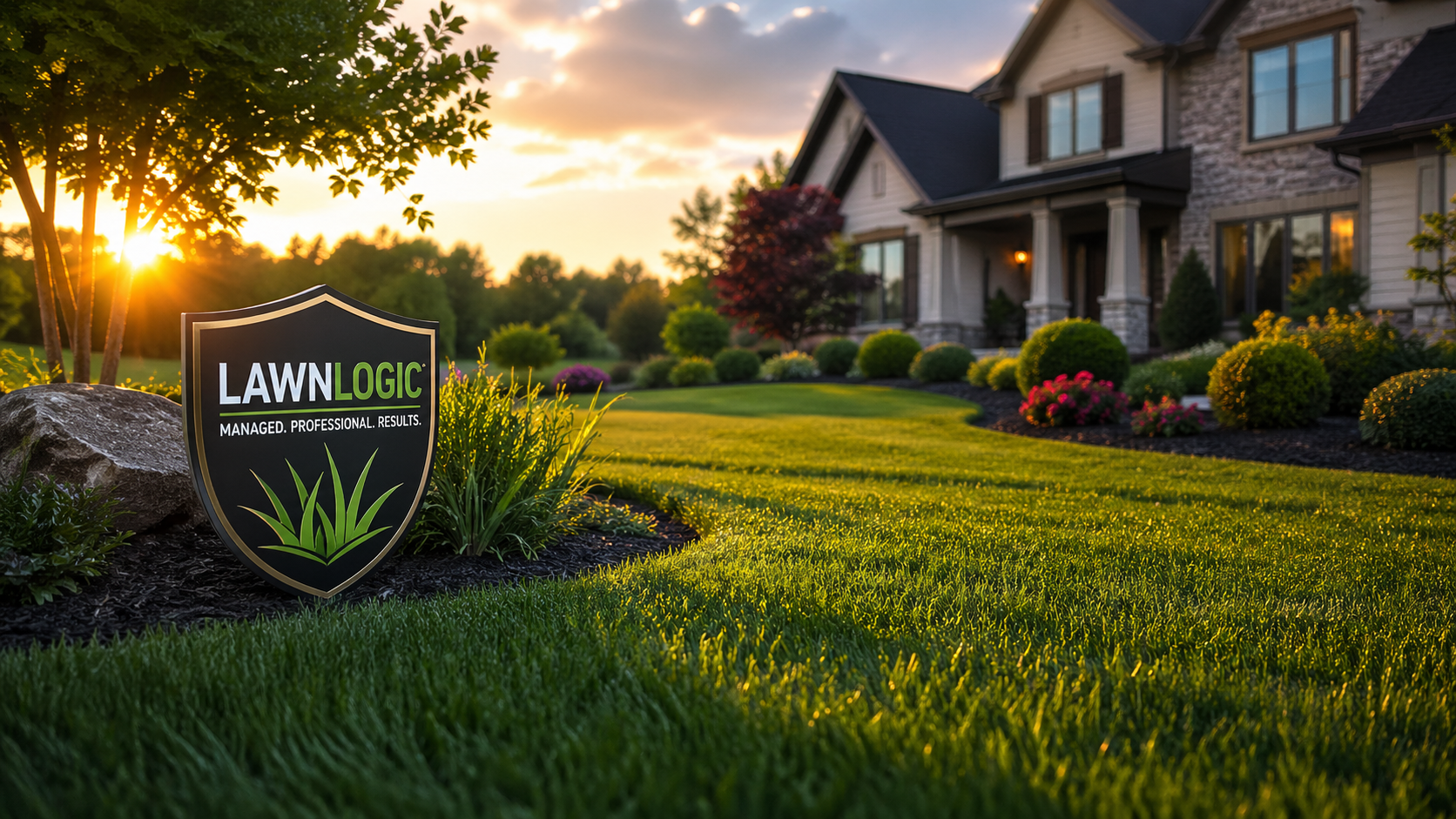 Lush green lawn beside a suburban house at sunset, with a LawnDoctor yard sign in the foreground