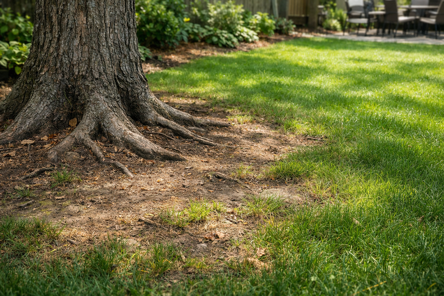 A large tree with prominent exposed roots and surrounding mulch, bordering a patch of green grass in a yard.