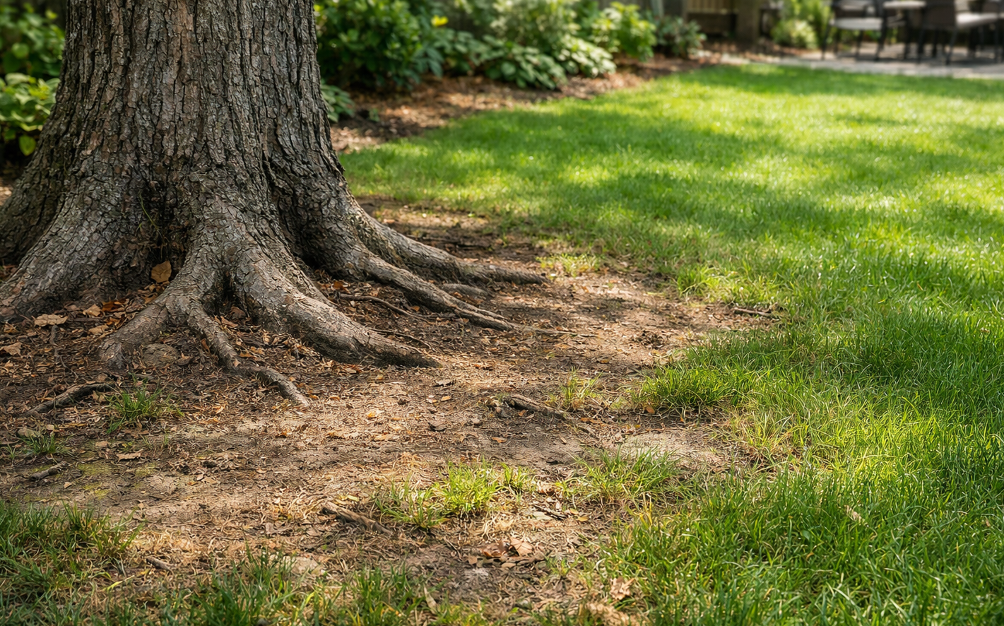 The base of a large tree with visible roots surrounded by a patch of bare dirt transitioning into a green lawn.