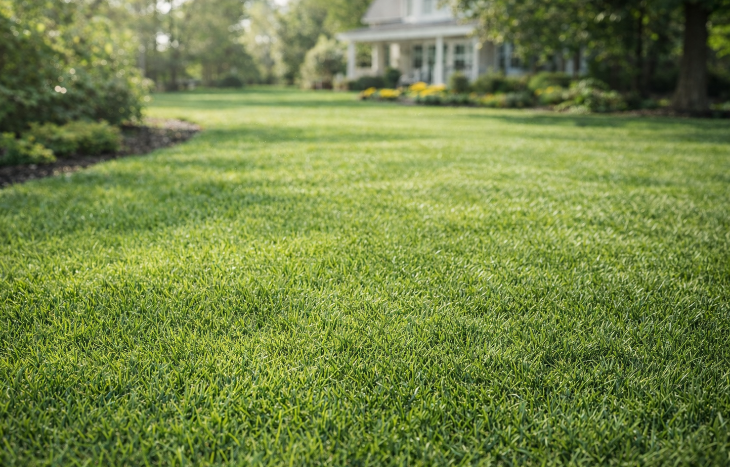A vibrant green lawn stretches toward a blurred residential house in the background.