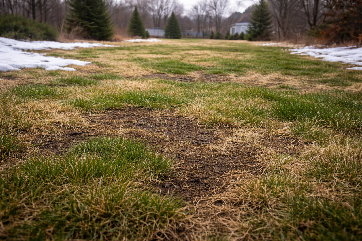 Lawn with patches of brown and green grass, some snow, trees, and houses in the background.