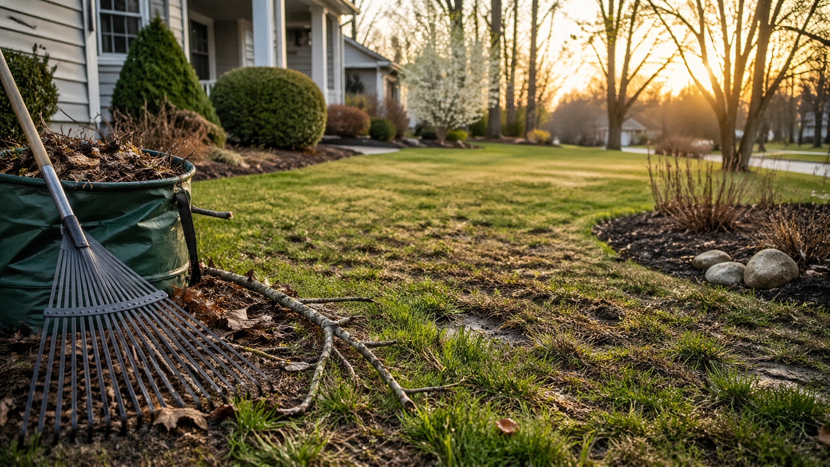 Garden rake on lawn beside a house at sunset, with neatly trimmed shrubs and fallen leaves.