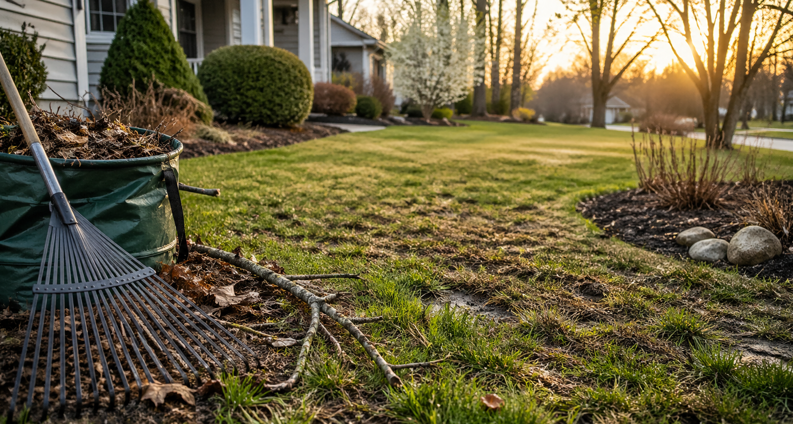 Rake leaning in a yard beside a house, with autumn leaves and warm sunset light.