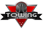 Logo with towing hooks above "TOWING AND RECOVERY," red and silver.