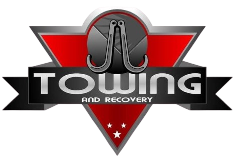 Logo with towing hooks above "TOWING AND RECOVERY," red and silver.