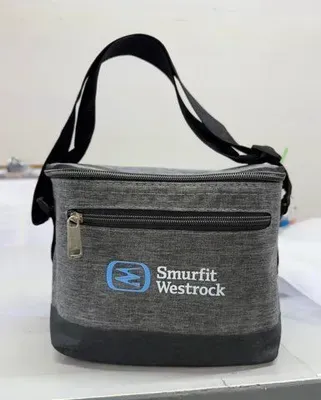 Gray lunch bag with black base and strap, featuring