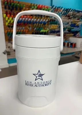 White insulated container with the San Antonio River Authority logo and a carrying handle.