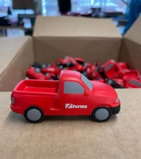 Red toy pickup truck with 