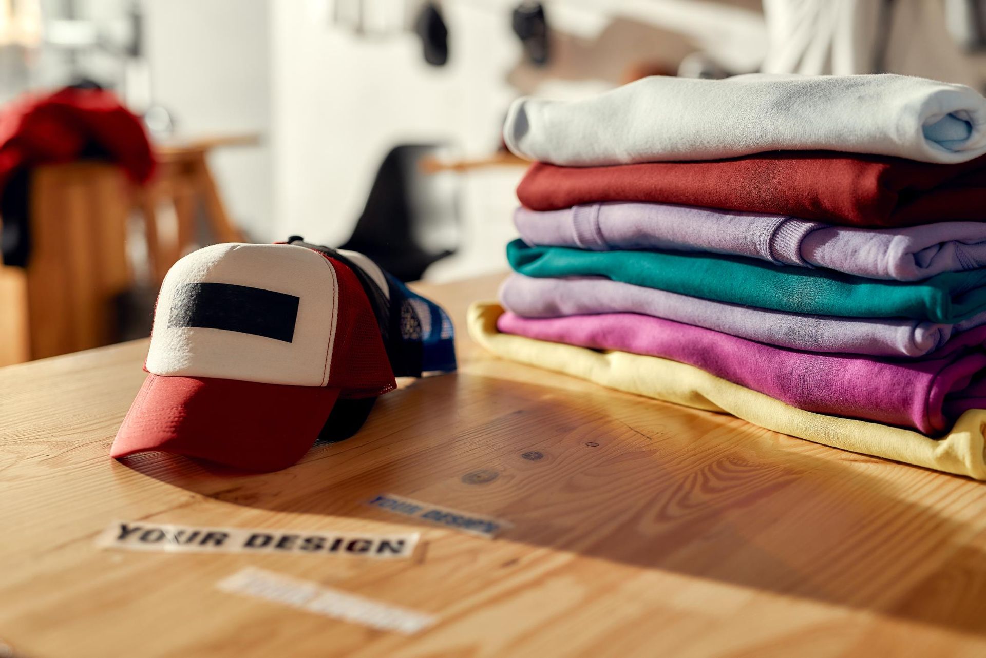 A baseball cap and colorful folded clothes on a wooden table, in a store setting.