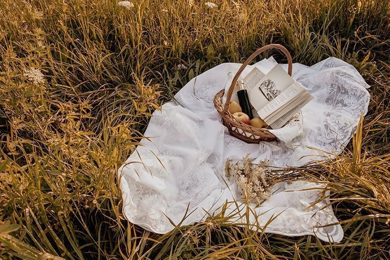 A picnic blanket with a basket and a book on it in the grass.