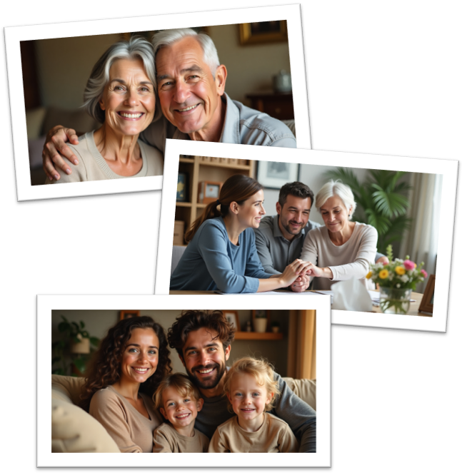 A collage of three pictures of a family sitting on a couch.
