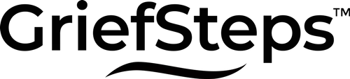 The griefsteps logo is black and white and has a wave in the middle.
