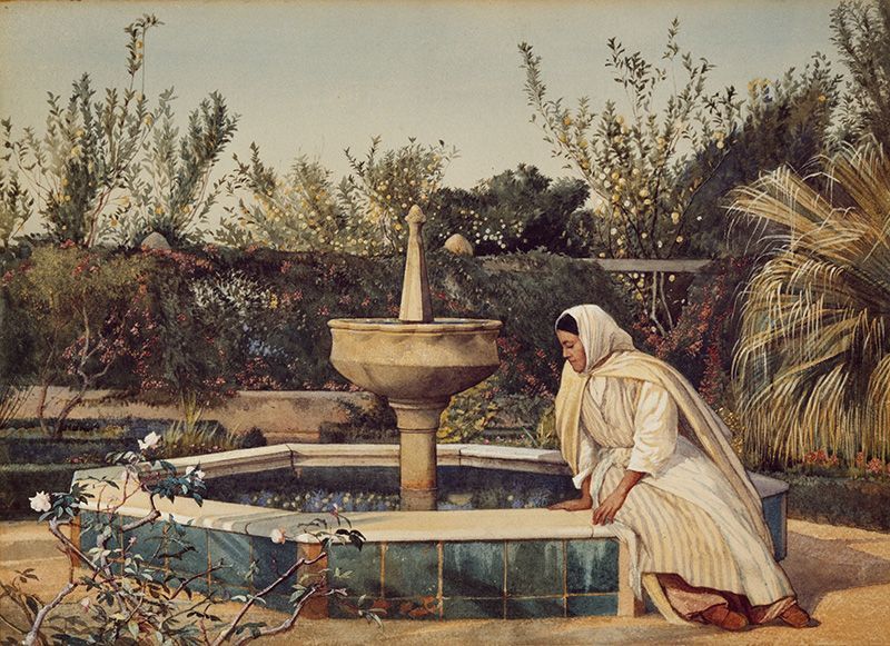 A painting of a woman kneeling next to a fountain