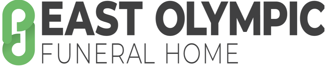 The logo for east olympic funeral home is green and black.