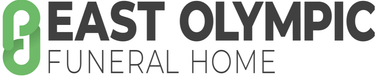 The logo for east olympic funeral home is green and black.