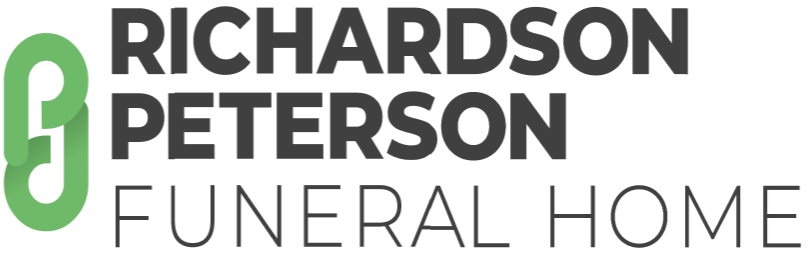 The logo for richardson peterson funeral home is green and black.