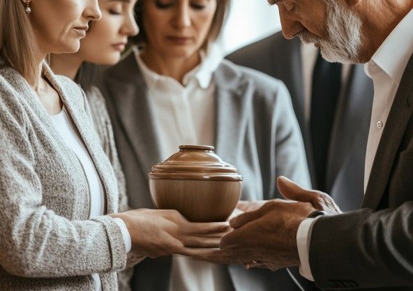 A man is giving a urn to a woman at a funeral.