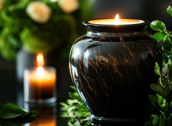 A black urn with a lit candle inside of it.