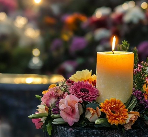 A candle is surrounded by flowers on a table