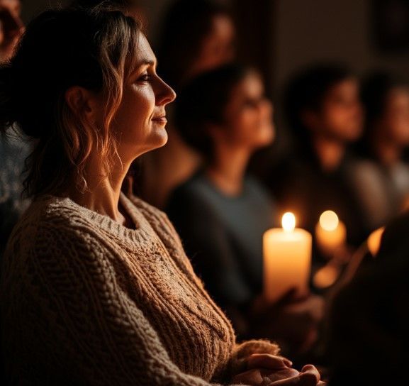 A woman is sitting in a dark room holding a lit candle