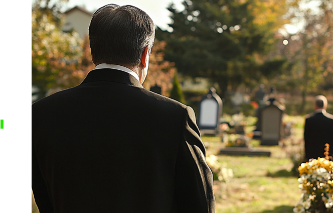 A man in a suit is standing in a cemetery looking at a grave.
