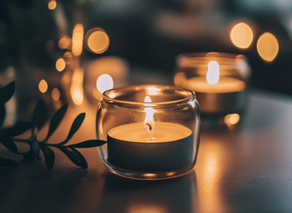 A close up of two lit candles in glass holders on a table.