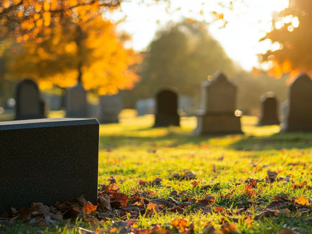 A cemetery with a lot of graves and leaves on the ground.