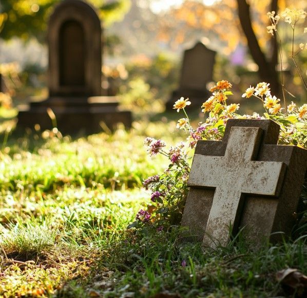 A graveyard with a cross and flowers in the grass