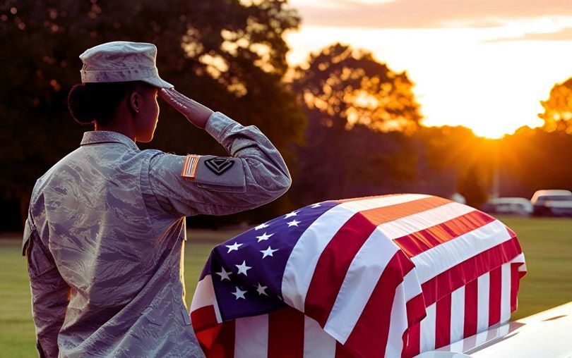 A woman in a military uniform salutes in front of an american flag.