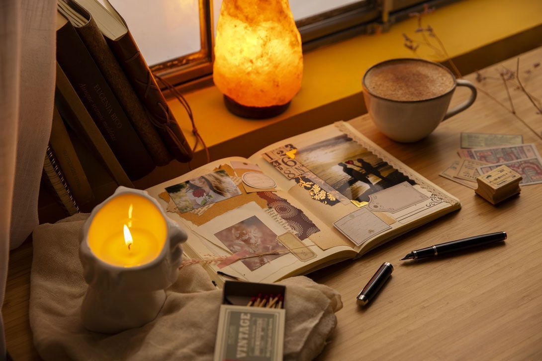 A candle is sitting on a table next to a book and a cup of coffee.