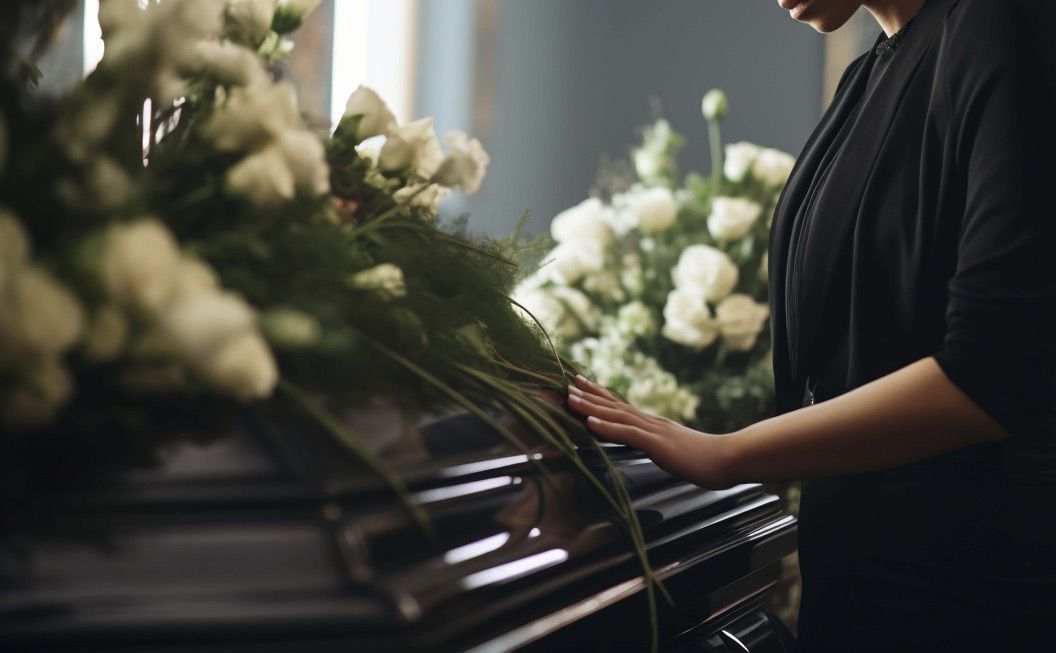A woman is putting flowers on a coffin at a funeral.
