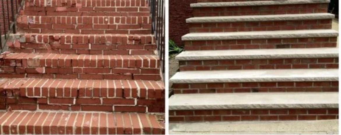 A before and after picture of a brick staircase.