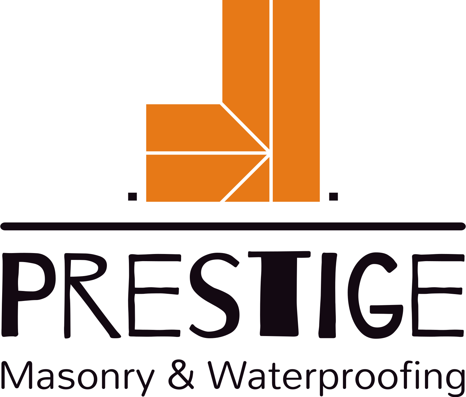 The logo for prestige masonry and waterproofing is orange and black.