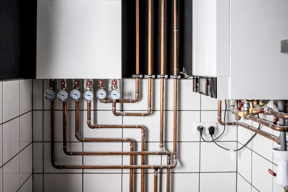 Copper Pipes on a Tiled Wall, Connected to Gauges and a White Appliance — Approved Plumbing Service in Woolner, NT