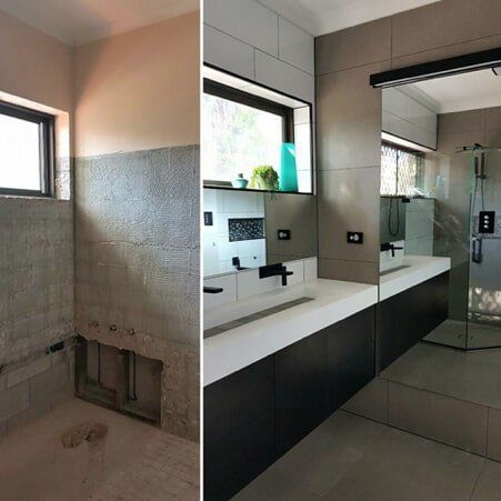 Before and After Photo of a Bathroom With a Sink and a Shower — Approved Plumbing Service in Woolner, NT