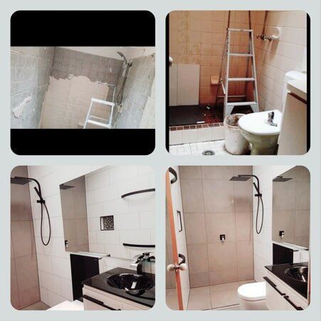 Collage of Four Pictures of a Bathroom Being Remodeled — Approved Plumbing Service in Woolner, NT