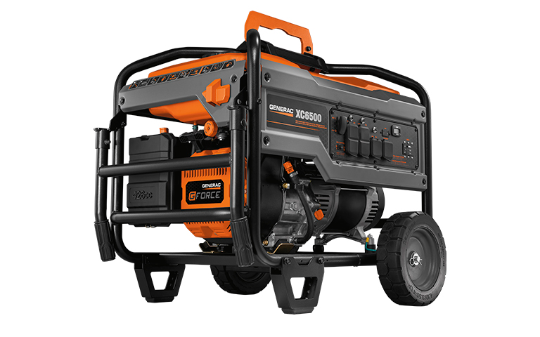 A black and orange generator with wheels on a white background.